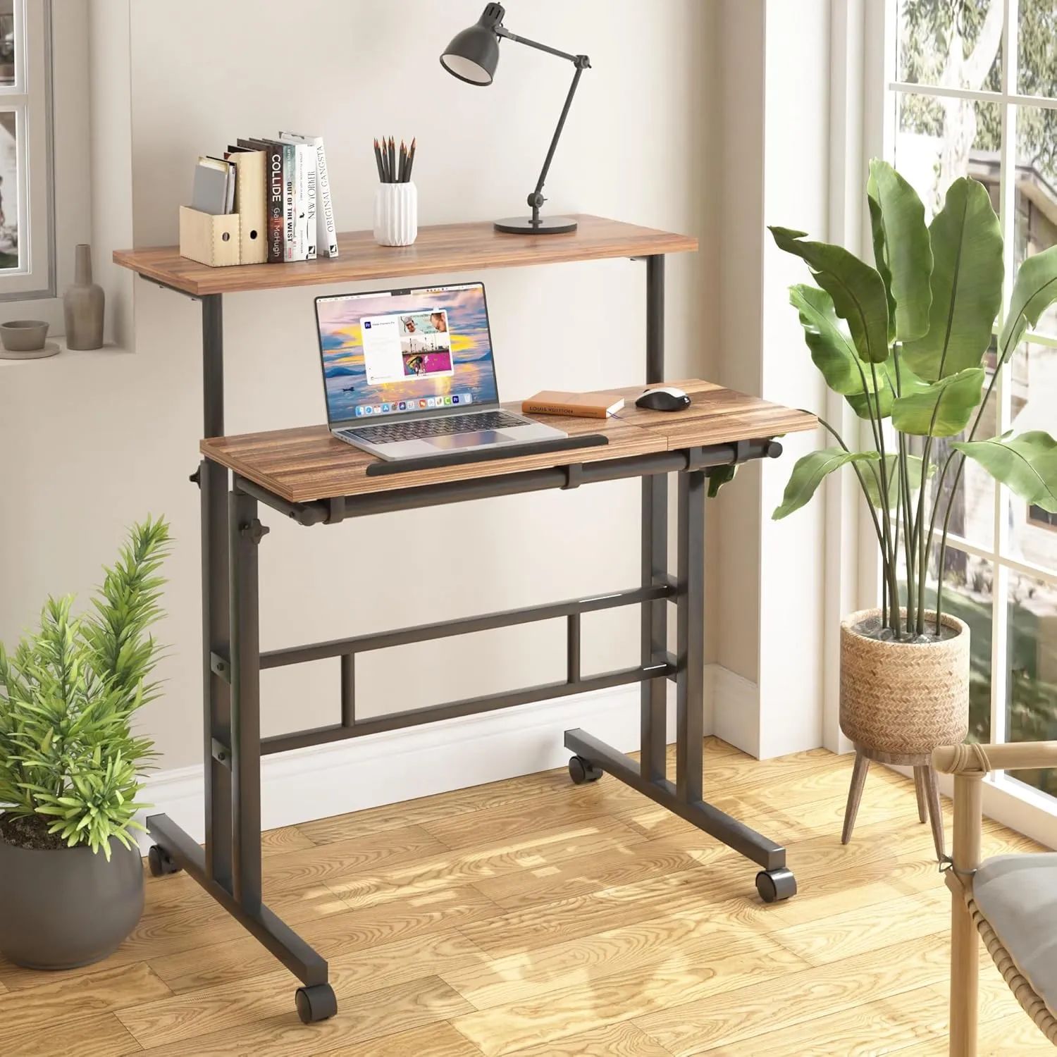 VECELO Mobile Small Standing Desk Adjustable Height, Computer Workstations with Tiltable Tabletop, Lockable Wheels, Portable Rolling Laptop Desk for Home Office, Brown