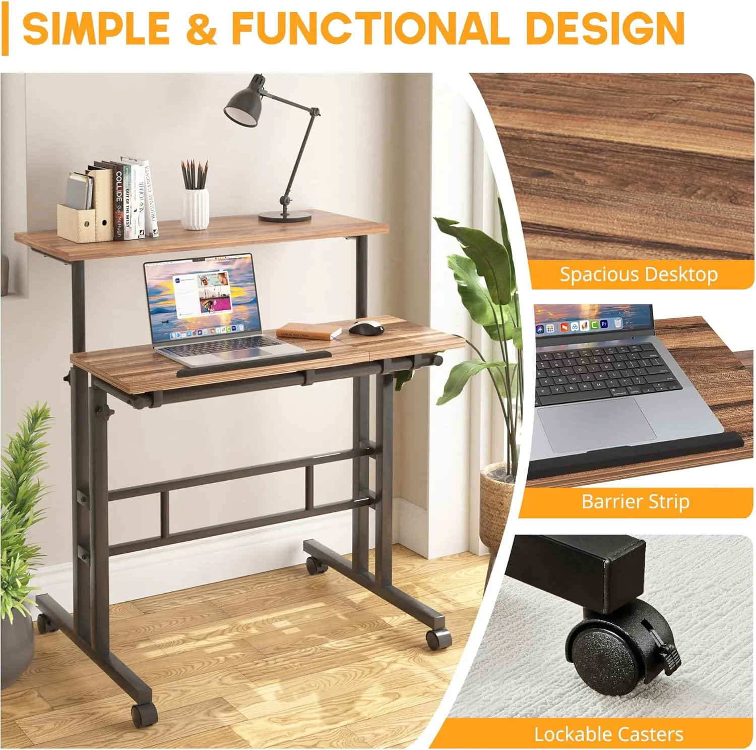 VECELO Mobile Small Standing Desk Adjustable Height, Computer Workstations with Tiltable Tabletop, Lockable Wheels, Portable Rolling Laptop Desk for Home Office, Brown