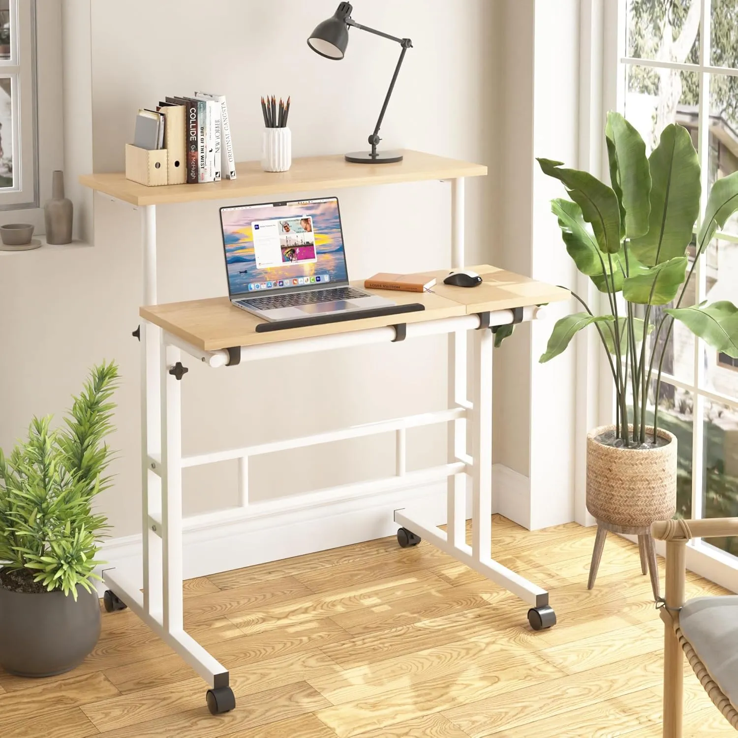 VECELO Mobile Small Standing Desk Adjustable Height, Computer Workstations with Tiltable Tabletop, Lockable Wheels, Portable Rolling Laptop Desk for Home Office, Oak
