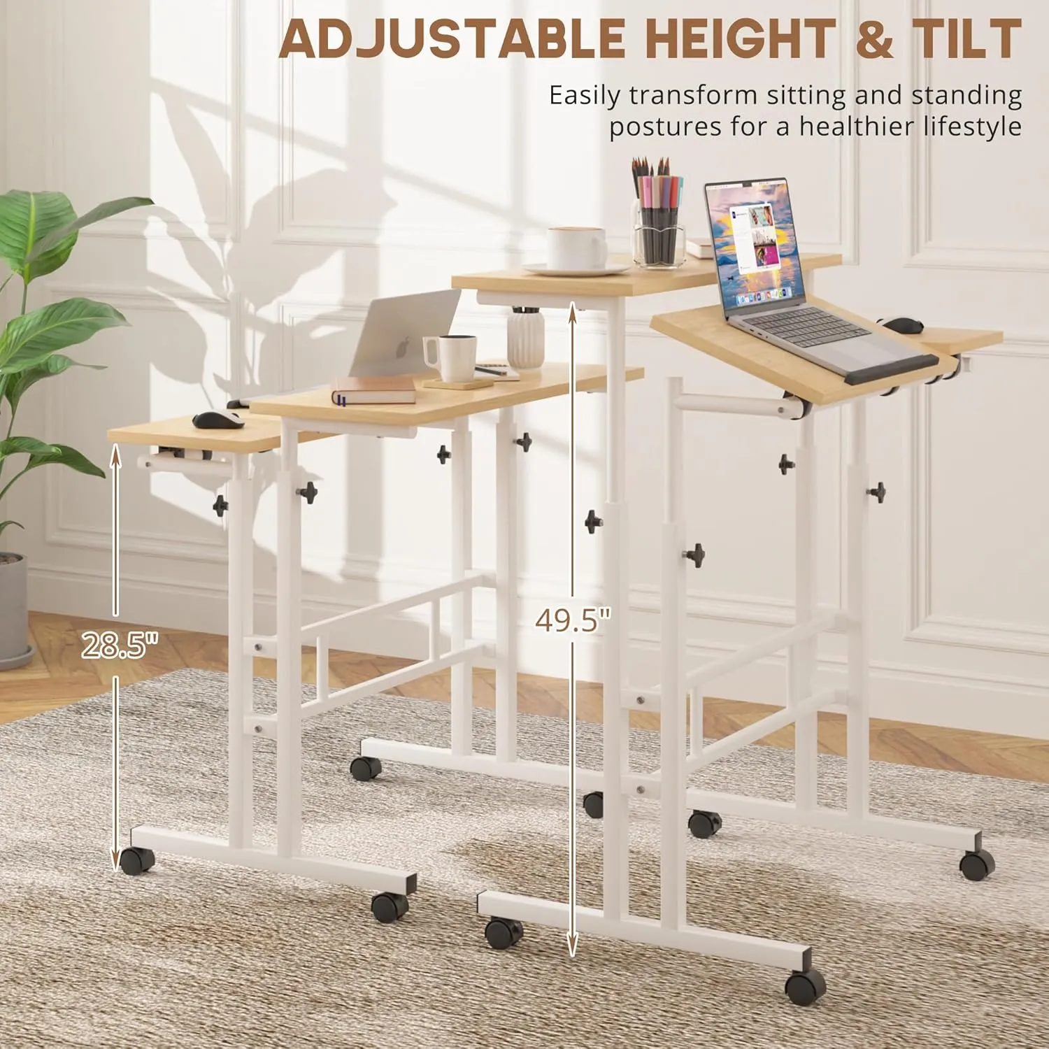 VECELO Mobile Small Standing Desk Adjustable Height, Computer Workstations with Tiltable Tabletop, Lockable Wheels, Portable Rolling Laptop Desk for Home Office, Oak