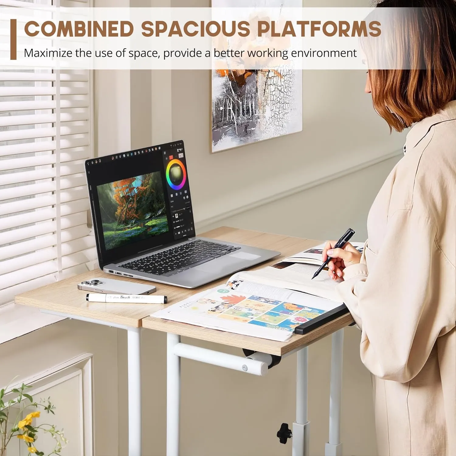 VECELO Mobile Small Standing Desk Adjustable Height, Computer Workstations with Tiltable Tabletop, Lockable Wheels, Portable Rolling Laptop Desk for Home Office, Oak