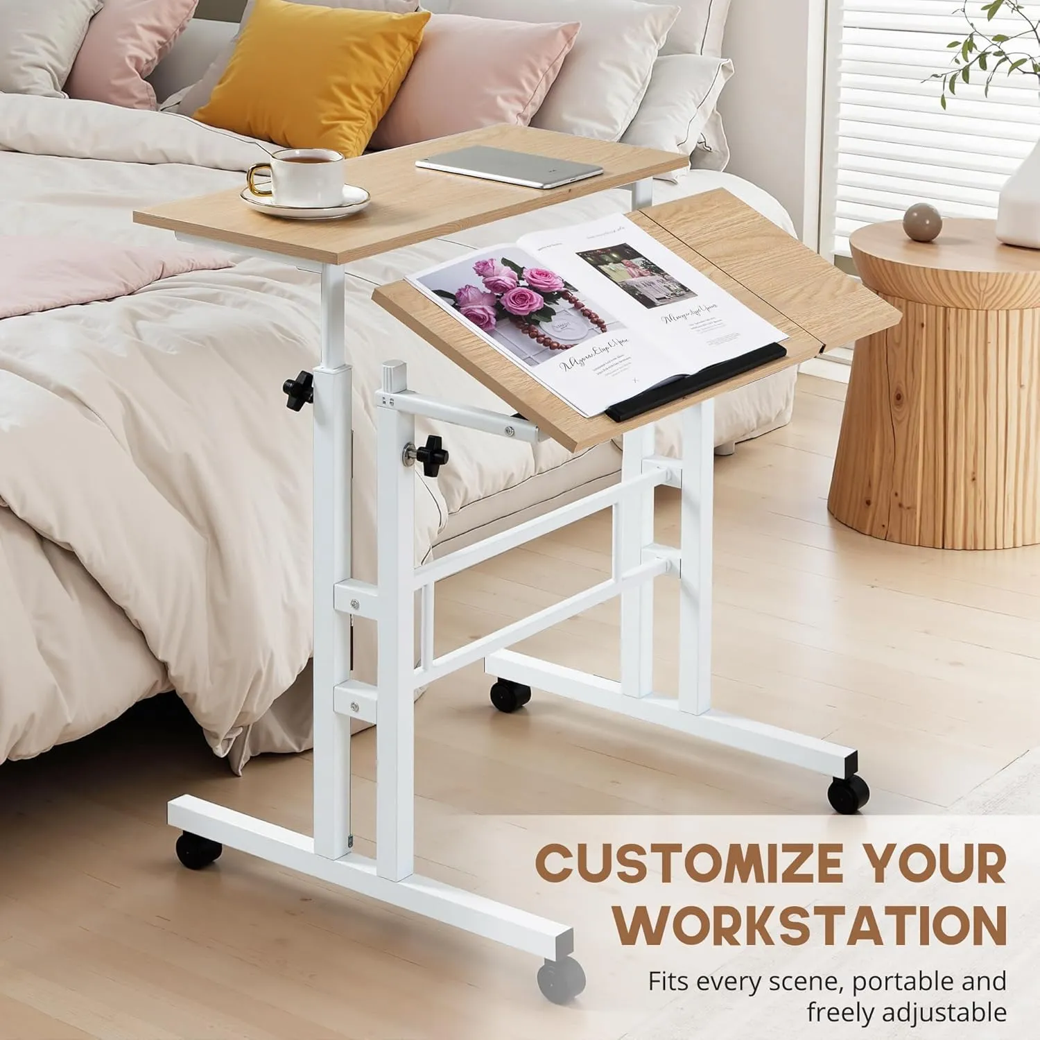 VECELO Mobile Small Standing Desk Adjustable Height, Computer Workstations with Tiltable Tabletop, Lockable Wheels, Portable Rolling Laptop Desk for Home Office, Oak