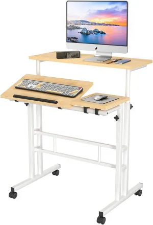 VECELO Mobile Small Standing Desk Adjustable Height, Computer Workstations with Tiltable Tabletop, Lockable Wheels, Portable Rolling Laptop Desk for Home Office, Oak