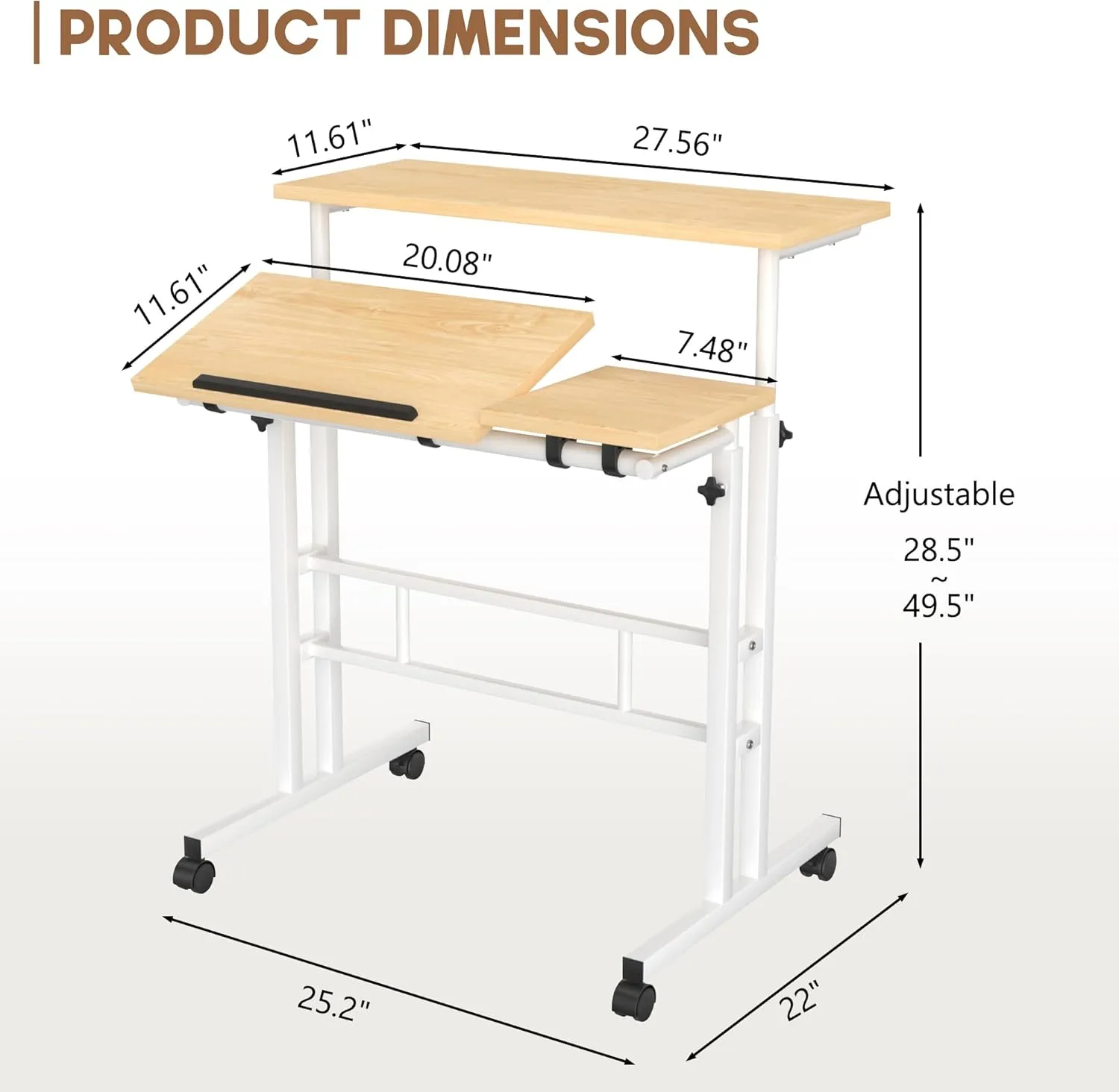 VECELO Mobile Small Standing Desk Adjustable Height, Computer Workstations with Tiltable Tabletop, Lockable Wheels, Portable Rolling Laptop Desk for Home Office, Oak