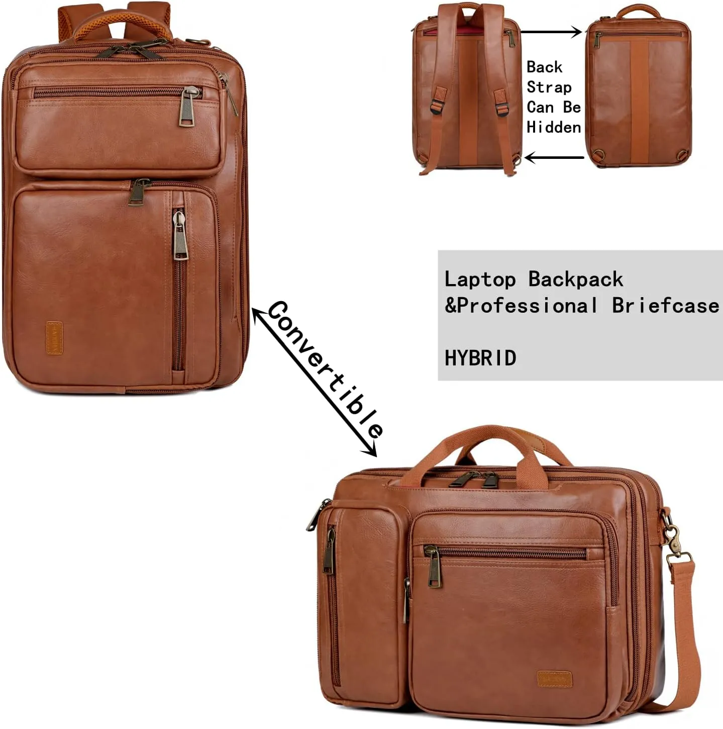 Vegan Leather Laptop Backpack Briefcase Hybrid 15.6 Inch Laptop Travel Backpack Hiking College Backpack for Men BC-04 (Brown)