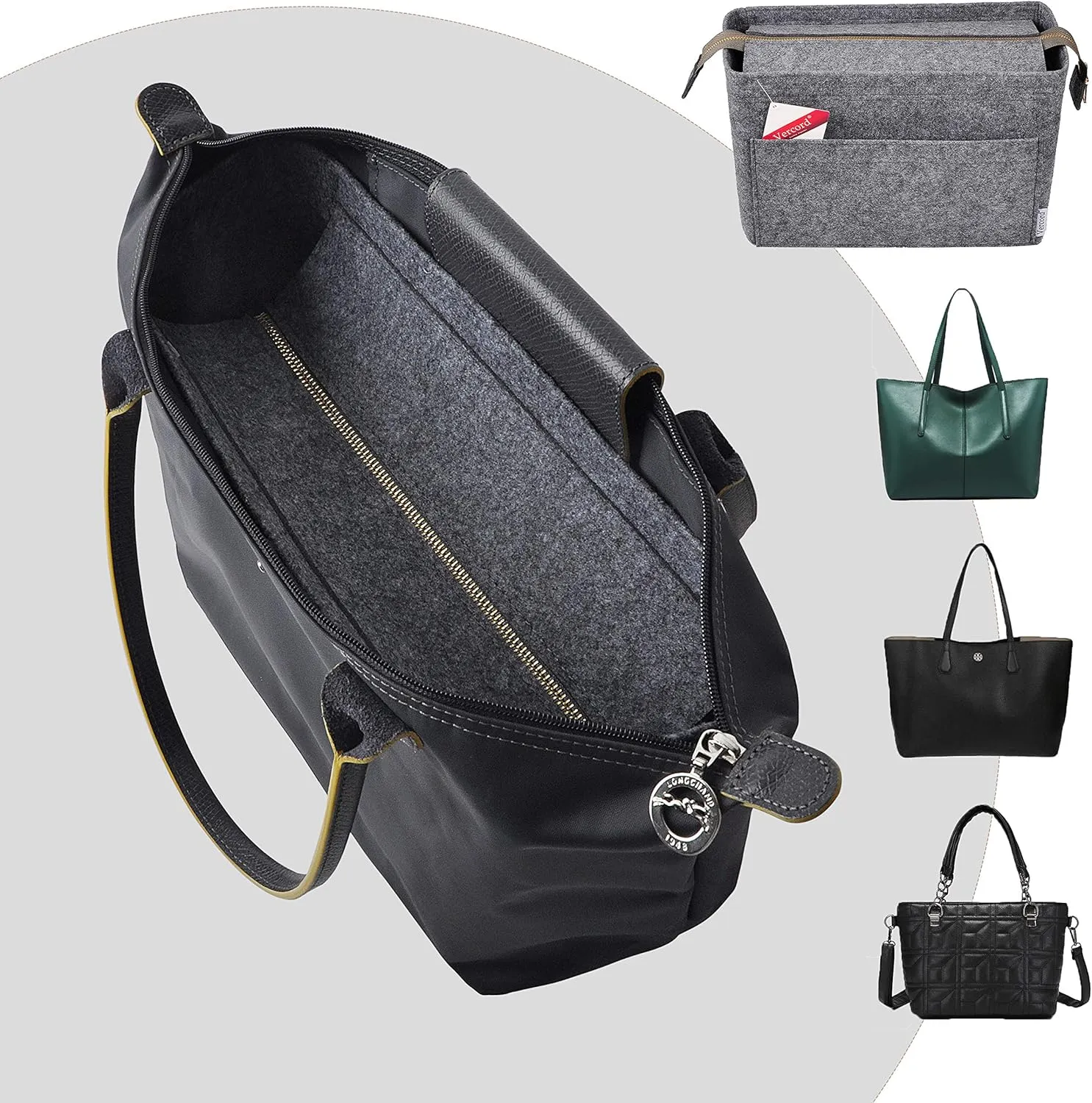 Vercord Felt Zipper Handbag Tote Purse Duffel Backpack Organizer Insert Dark Grey Small