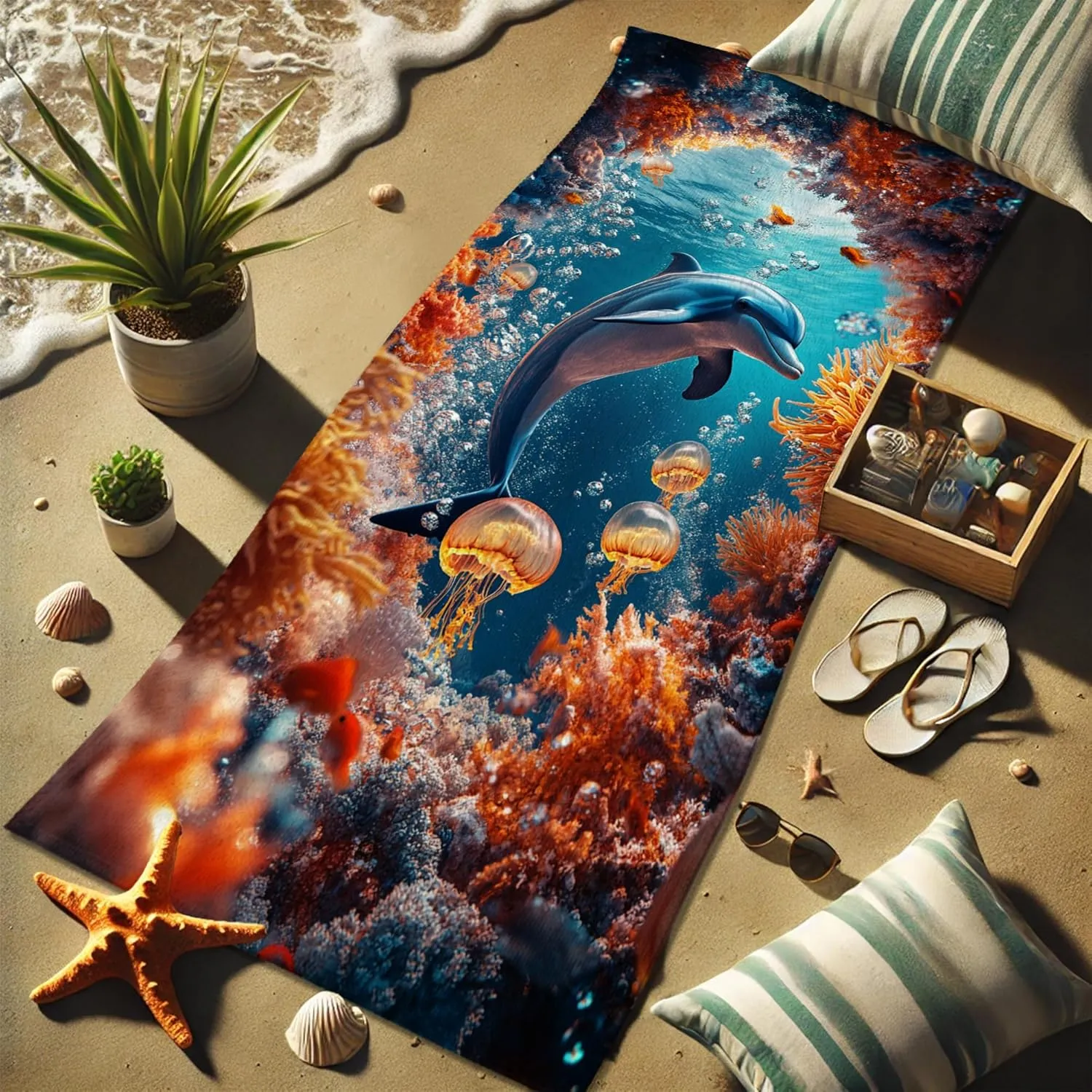 Vibrant Dolphin Underwater Microfiber Beach Towel Ocean Blue Tropical Design, Quick Dry Absorbent Sand Free Lightweight Blanket, Summer Vacation Pool Picnic Essentials 62x31 Inch