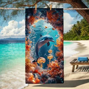 Vibrant Dolphin Underwater Microfiber Beach Towel Ocean Blue Tropical Design, Quick Dry Absorbent Sand Free Lightweight Blanket, Summer Vacation Pool Picnic Essentials 62x31 Inch