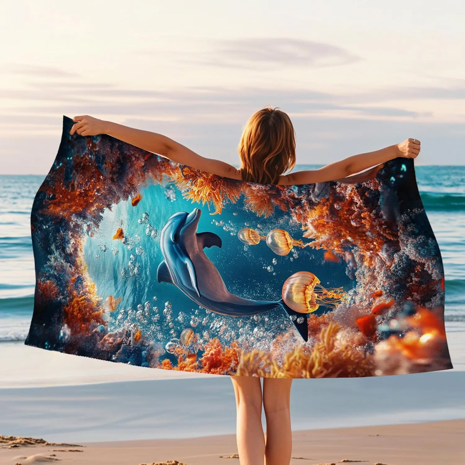 Vibrant Dolphin Underwater Microfiber Beach Towel Ocean Blue Tropical Design, Quick Dry Absorbent Sand Free Lightweight Blanket, Summer Vacation Pool Picnic Essentials 62x31 Inch