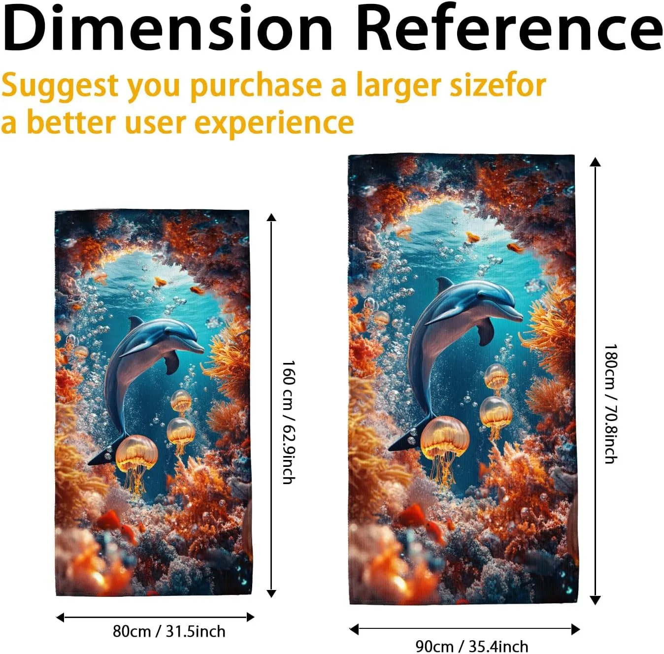 Vibrant Dolphin Underwater Microfiber Beach Towel Ocean Blue Tropical Design, Quick Dry Absorbent Sand Free Lightweight Blanket, Summer Vacation Pool Picnic Essentials 62x31 Inch