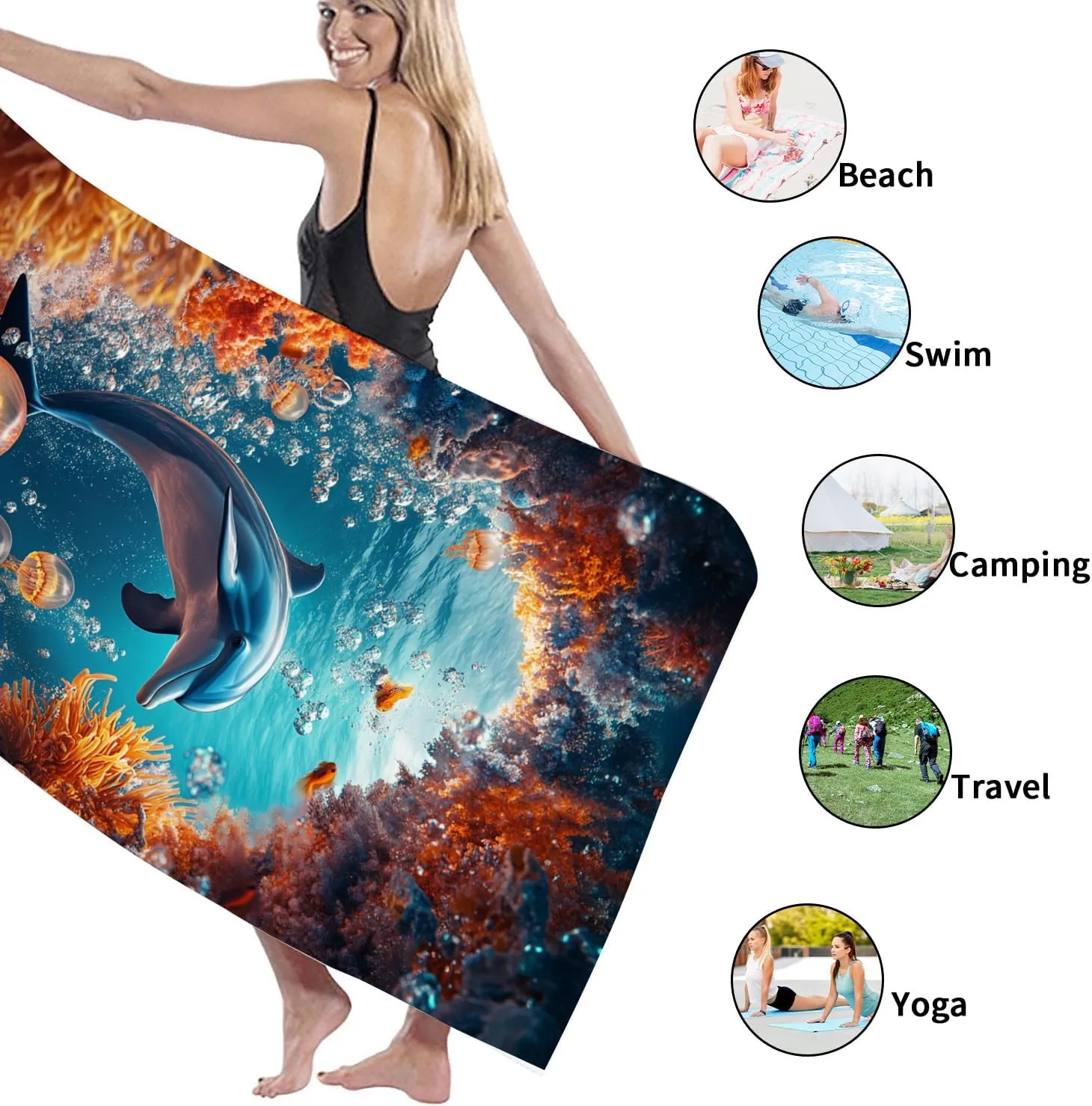 Vibrant Dolphin Underwater Microfiber Beach Towel Ocean Blue Tropical Design, Quick Dry Absorbent Sand Free Lightweight Blanket, Summer Vacation Pool Picnic Essentials 62x31 Inch