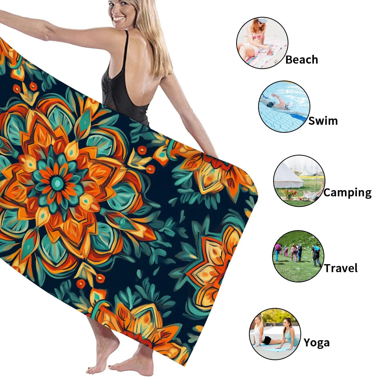 Vibrant Mandala Microfiber Beach Towel Colorful Pattern Beach Blanket, Quick Dry Absorbent Sand Free Lightweight Bath Towel, Outdoor Travel Picnic Essentials 70x35 Inch