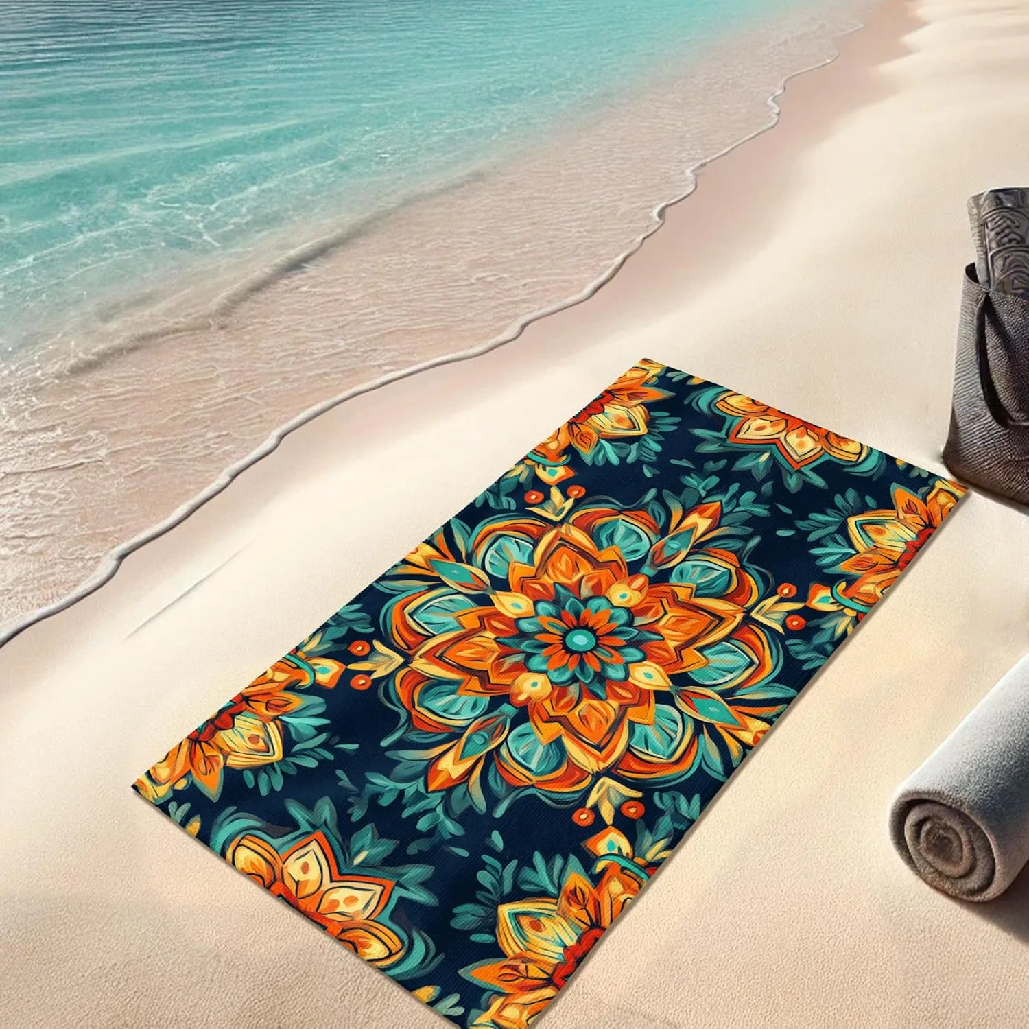 Vibrant Mandala Microfiber Beach Towel Colorful Pattern Beach Blanket, Quick Dry Absorbent Sand Free Lightweight Bath Towel, Outdoor Travel Picnic Essentials 70x35 Inch