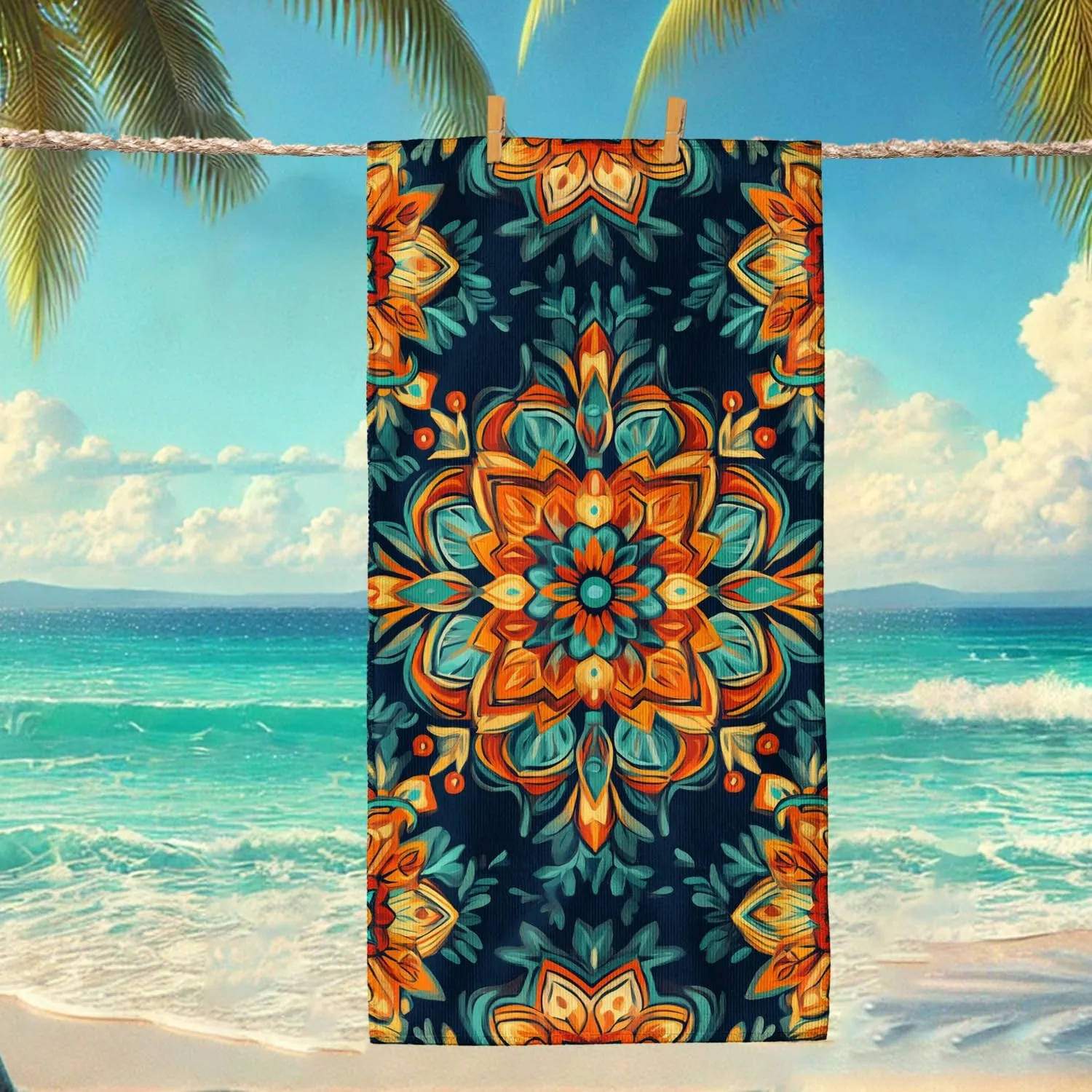 Vibrant Mandala Microfiber Beach Towel Colorful Pattern Beach Blanket, Quick Dry Absorbent Sand Free Lightweight Bath Towel, Outdoor Travel Picnic Essentials 70x35 Inch