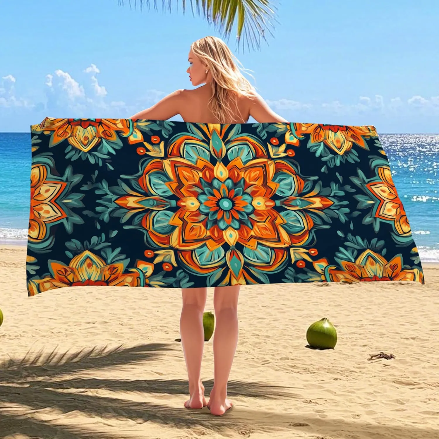 Vibrant Mandala Microfiber Beach Towel Colorful Pattern Beach Blanket, Quick Dry Absorbent Sand Free Lightweight Bath Towel, Outdoor Travel Picnic Essentials 70x35 Inch