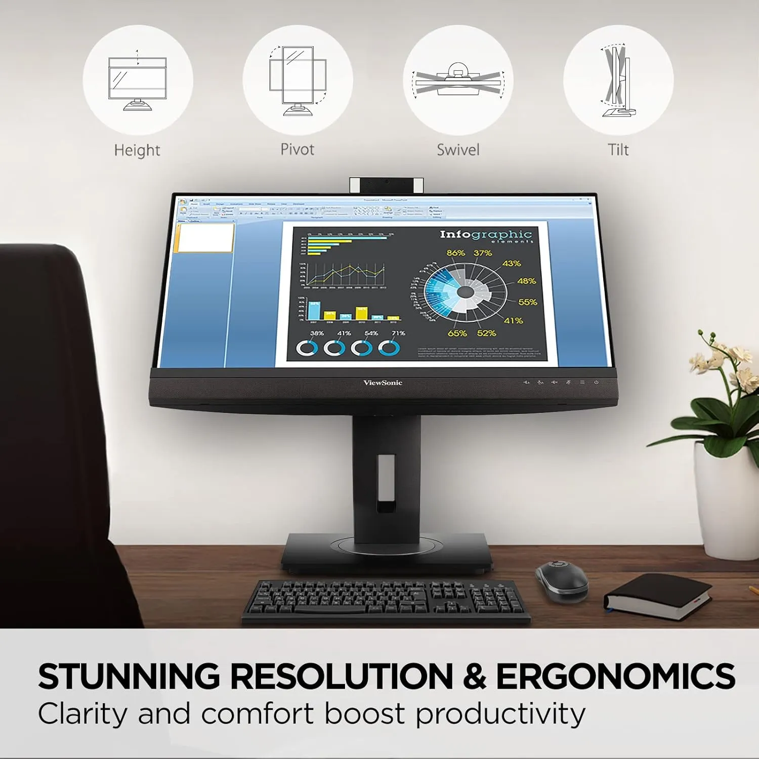 ViewSonic VG2456V 24 Inch 1080p Video Conference Monitor with Webcam, 2 Way Powered 90W USB C, Docking Built-in, Gigabit Ethernet RJ45, 40 Degree Tilt Ergonomics