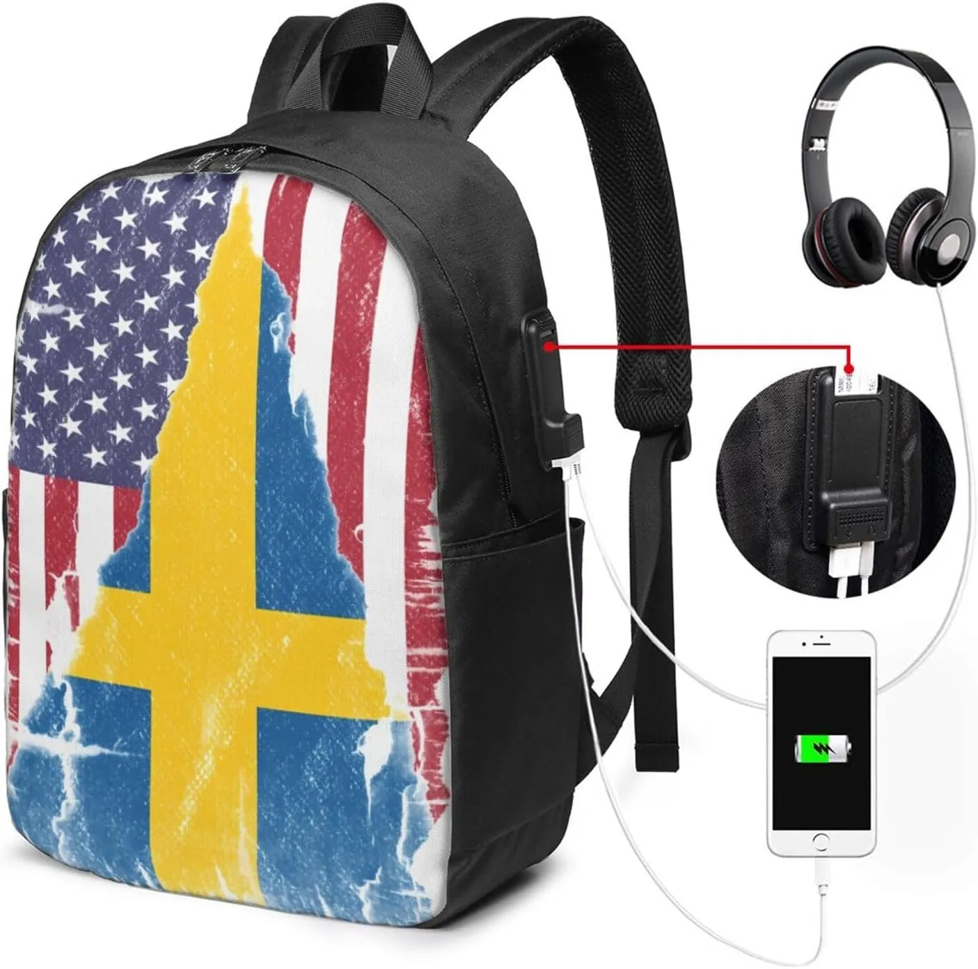 Vintage American Swedish Sweden Flag Laptop Backpacks Travel Backpack Casual Business Daypack Sport Rucksack Computer Bag Fits up to 17 Inch Notebook with USB Port