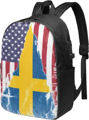 Vintage American Swedish Sweden Flag Laptop Backpacks Travel Backpack Casual Business Daypack Sport Rucksack Computer Bag Fits up to 17 Inch Notebook with USB Port