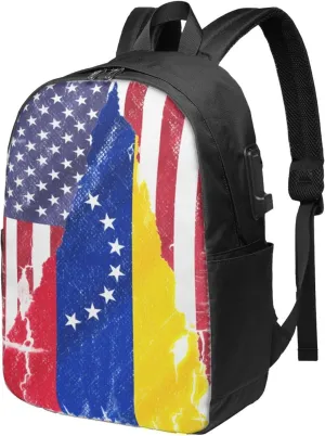 Vintage American Venezuelan Venezuela Flag Laptop Backpacks Travel Backpack Casual Business Daypack Sport Rucksack Computer Bag Fits up to 17 Inch Notebook with USB Port