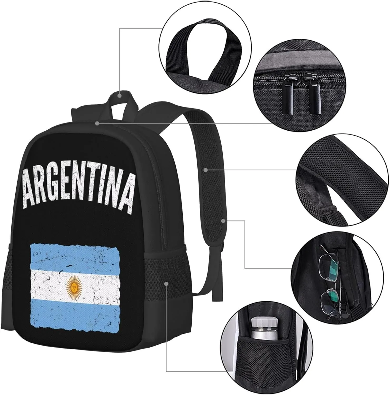 Vintage Argentina Argentinian Flag Casual Backpacks Large Capacity Backpack Laptop Rucksack Sport Daypack Commuter Bags with Adjustable Strap for Traveling Camping