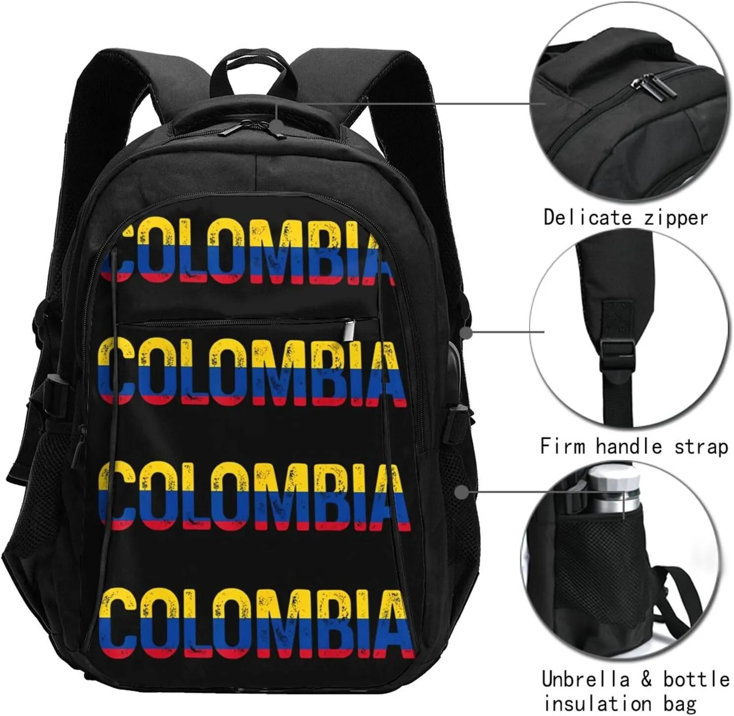 Vintage Colombia Colombian Pride Flag Travel Backpacks Casual Backpack Large Capacity Laptop Rucksack Luggage Daypacks with USB Charging Port Multi-Pockets Bags for Hiking