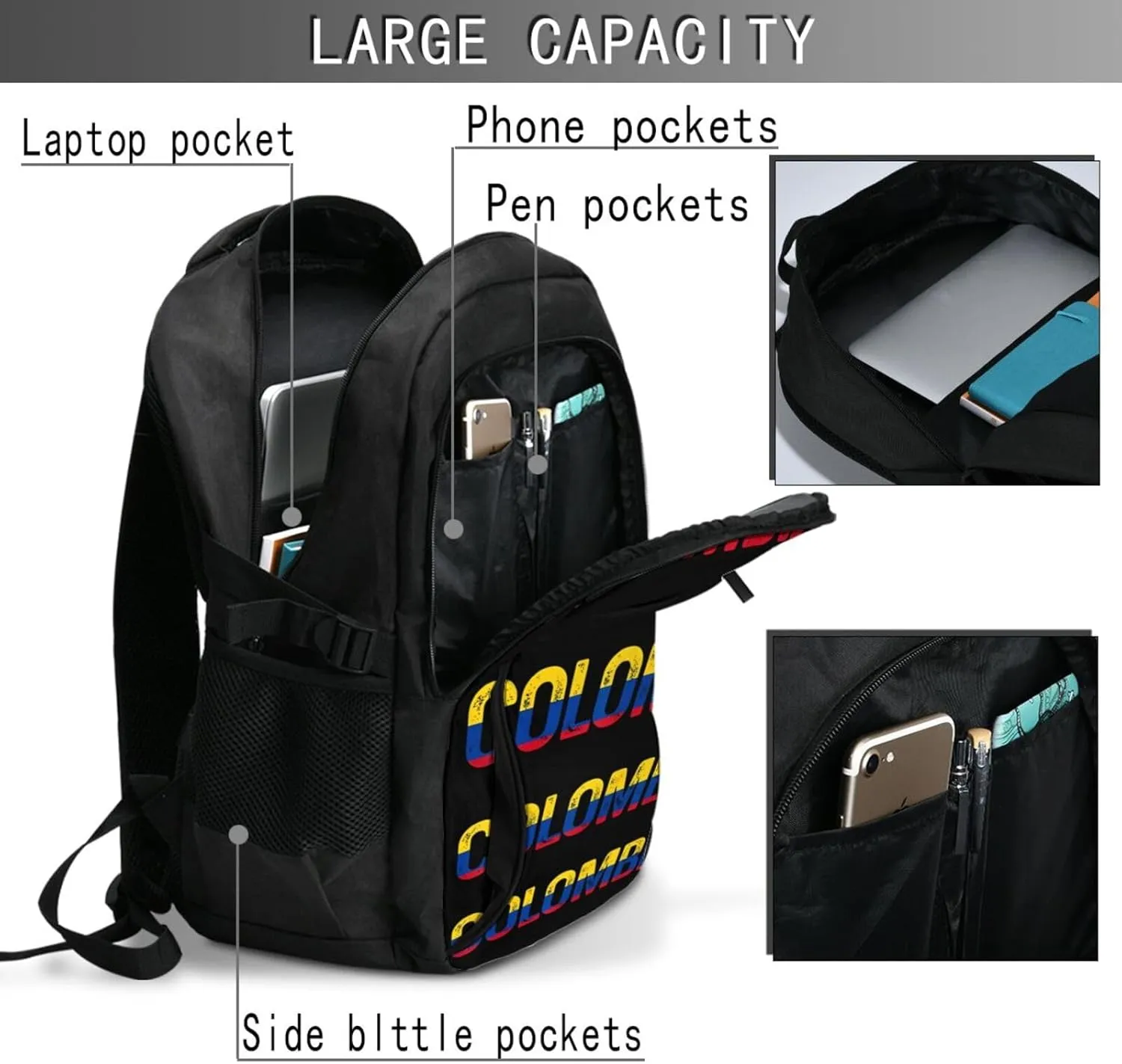 Vintage Colombia Colombian Pride Flag Travel Backpacks Casual Backpack Large Capacity Laptop Rucksack Luggage Daypacks with USB Charging Port Multi-Pockets Bags for Hiking