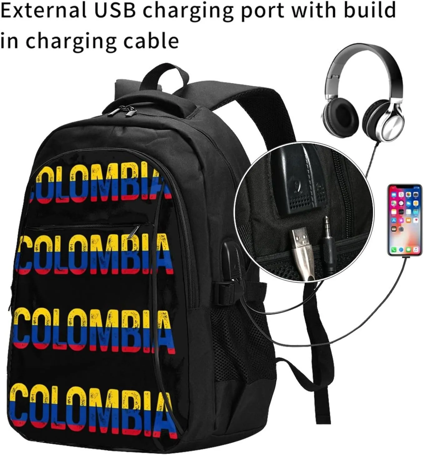 Vintage Colombia Colombian Pride Flag Travel Backpacks Casual Backpack Large Capacity Laptop Rucksack Luggage Daypacks with USB Charging Port Multi-Pockets Bags for Hiking