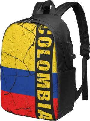 Vintage Colombian Flag Colombia Roots Travel Backpack 17-Inch Laptop Backpacks Business Rucksack Casual Sport Daypack with USB Charging Port Carry-on Bag for Camping Biking