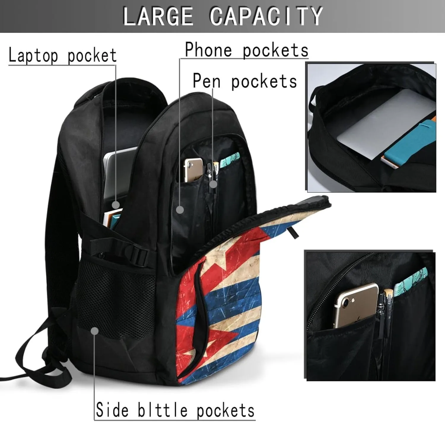 Vintage Cuban Flag Travel Backpacks Casual Backpack Large Capacity Laptop Rucksack Luggage Daypacks with USB Charging Port Multi-Pockets Bags for Hiking