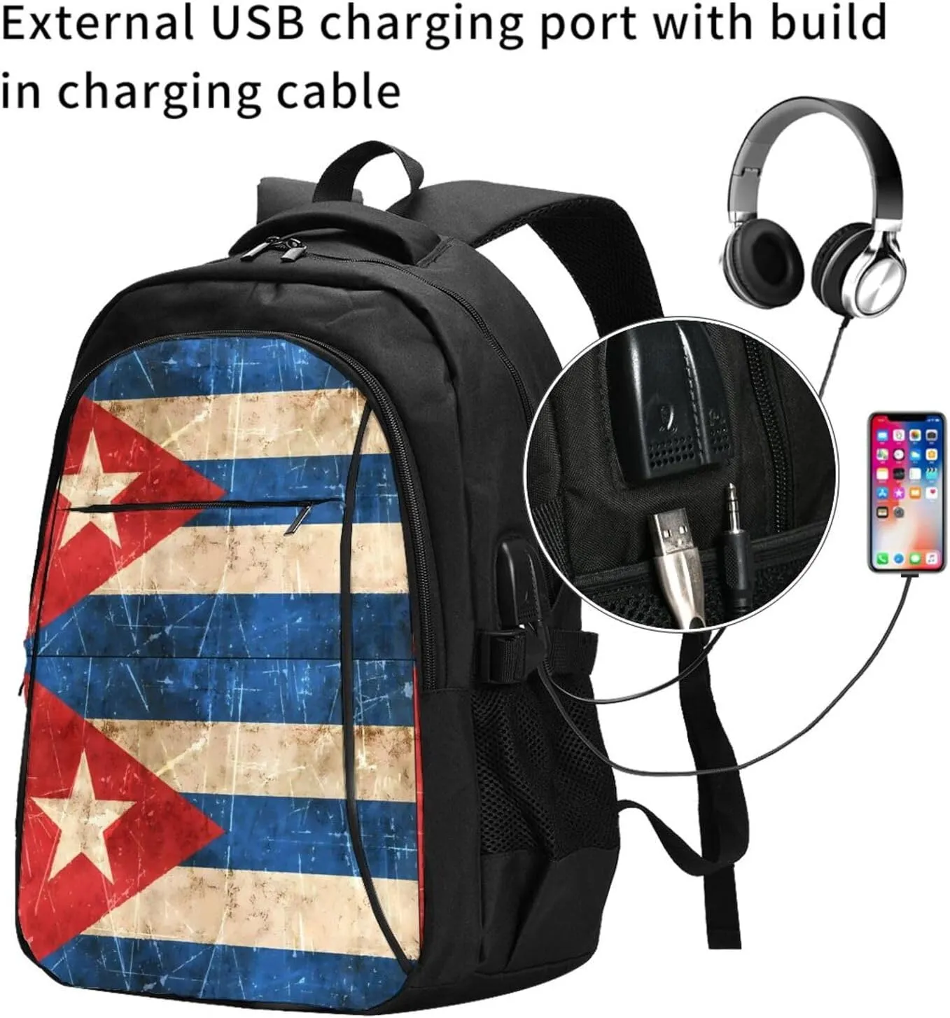 Vintage Cuban Flag Travel Backpacks Casual Backpack Large Capacity Laptop Rucksack Luggage Daypacks with USB Charging Port Multi-Pockets Bags for Hiking
