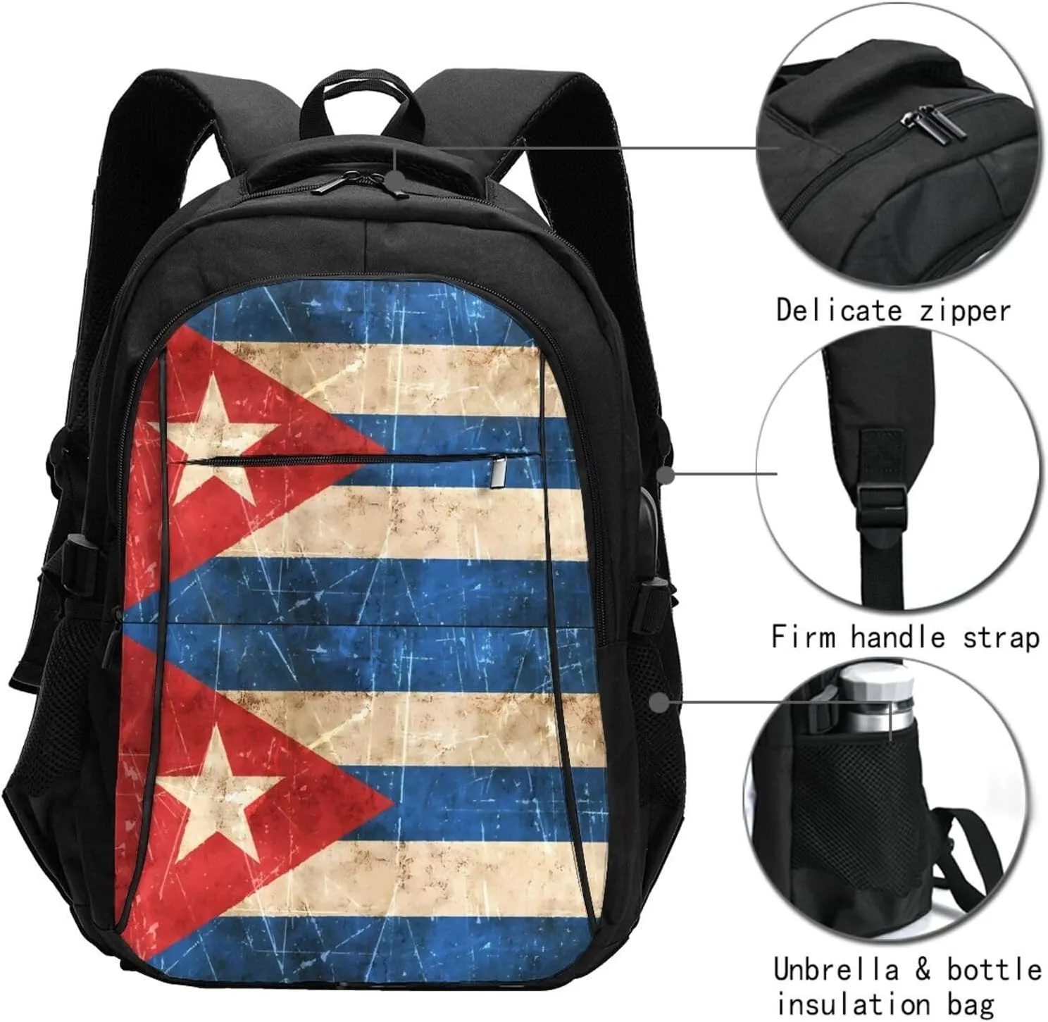 Vintage Cuban Flag Travel Backpacks Casual Backpack Large Capacity Laptop Rucksack Luggage Daypacks with USB Charging Port Multi-Pockets Bags for Hiking