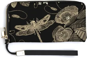Vintage Embroidery Poppies Peonies Retro Dragonflies on Dark Long Clutch Wallet, Long Handbag with Removable Wristlet Strap, PU Leather Zip Purse, Credit Pass Case Card-Holder for Men Women