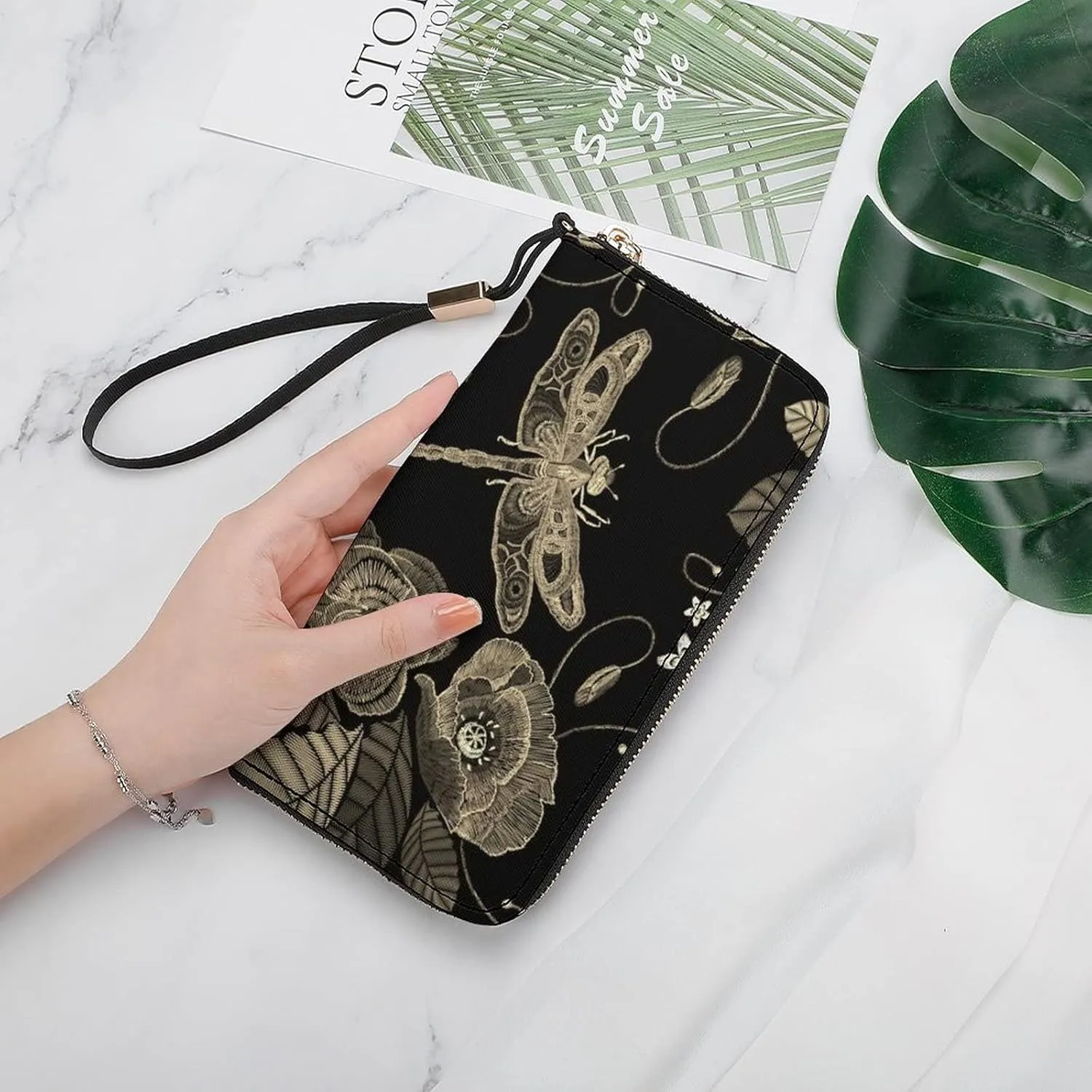 Vintage Embroidery Poppies Peonies Retro Dragonflies on Dark Long Clutch Wallet, Long Handbag with Removable Wristlet Strap, PU Leather Zip Purse, Credit Pass Case Card-Holder for Men Women
