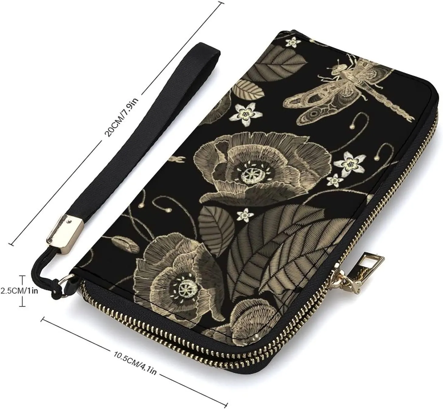 Vintage Embroidery Poppies Peonies Retro Dragonflies on Dark Long Clutch Wallet, Long Handbag with Removable Wristlet Strap, PU Leather Zip Purse, Credit Pass Case Card-Holder for Men Women