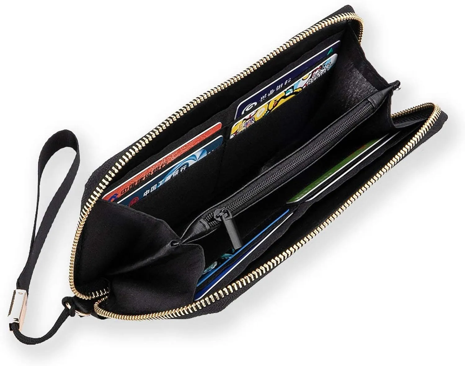 Vintage Embroidery Poppies Peonies Retro Dragonflies on Dark Long Clutch Wallet, Long Handbag with Removable Wristlet Strap, PU Leather Zip Purse, Credit Pass Case Card-Holder for Men Women
