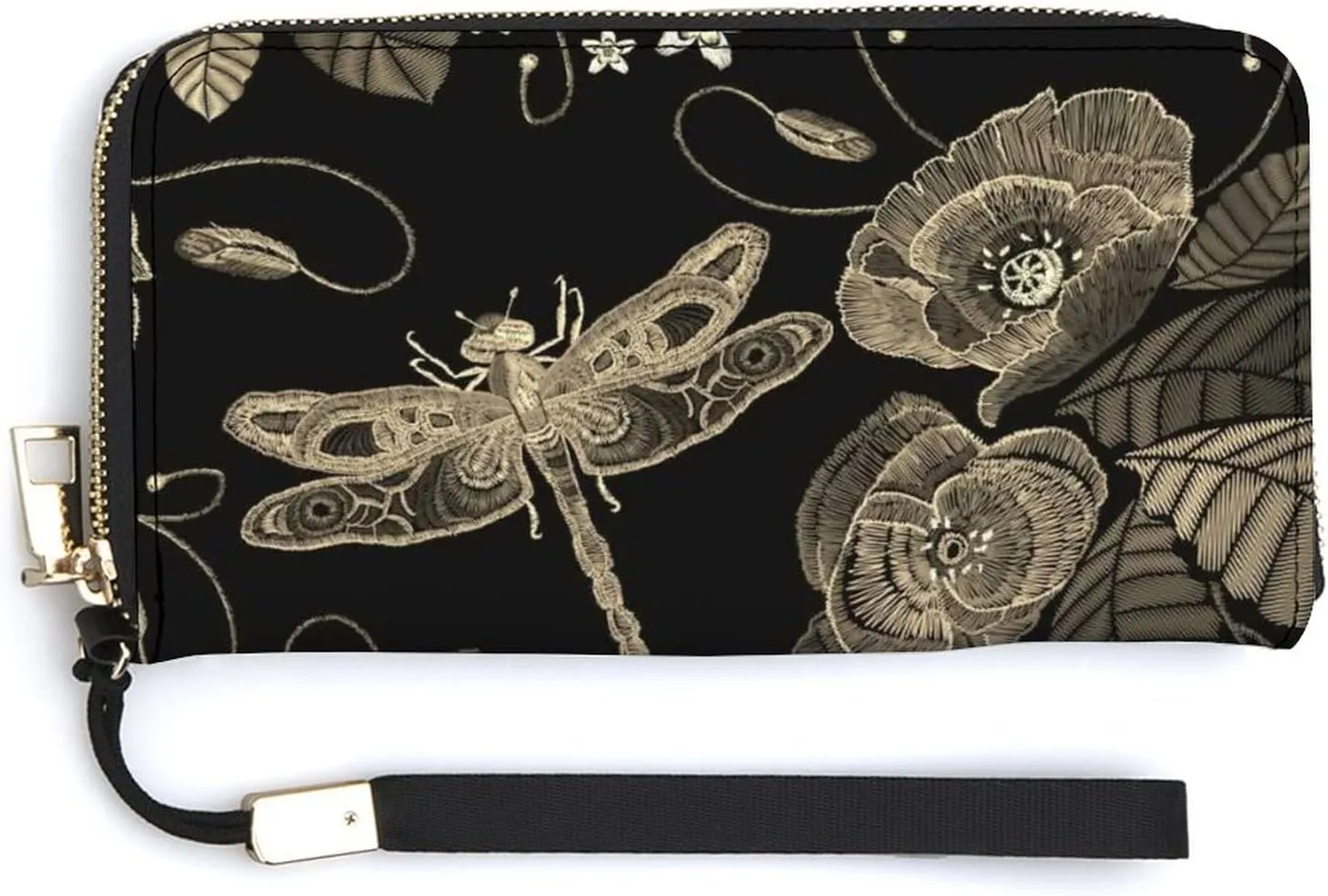 Vintage Embroidery Poppies Peonies Retro Dragonflies on Dark Long Clutch Wallet, Long Handbag with Removable Wristlet Strap, PU Leather Zip Purse, Credit Pass Case Card-Holder for Men Women