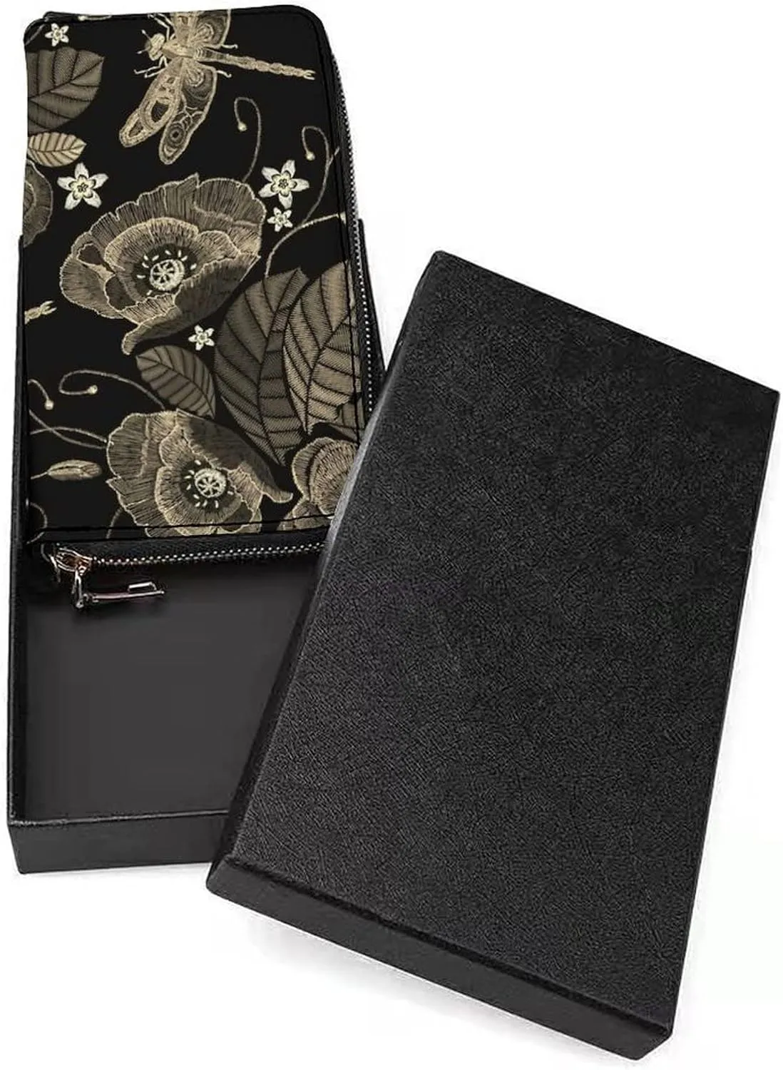 Vintage Embroidery Poppies Peonies Retro Dragonflies on Dark Long Clutch Wallet, Long Handbag with Removable Wristlet Strap, PU Leather Zip Purse, Credit Pass Case Card-Holder for Men Women