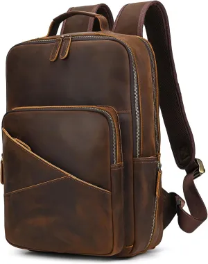 Vintage Full Grain Leather Backpack for Men, 16" Laptop Rucksack For Men Hiking Trave Work Business Bag, Brown