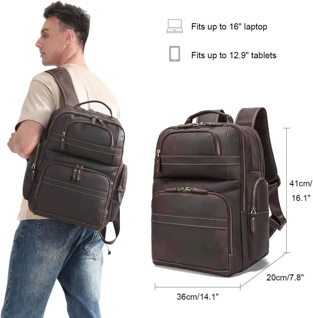 Vintage Genuine Leather Large Backpack For Men Rucksack Handbag Travel Daypack Fits 16” Laptop