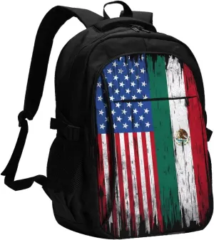 Vintage Half American Mexican Flag Mexican Roots Casual Travel Backpacks Hiking Camping Backpack Large Outdoor Sport Daypack Laptop Rucksack Climbing Working Bags with USB Port
