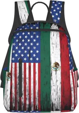 Vintage Half American Mexican Flag Mexican Roots Travel Backpacks Casual Laptop Backpack Sport Rucksack Large Capacity Daypack Multi-Pockets Adjustable Strap Bag for Working Hiking