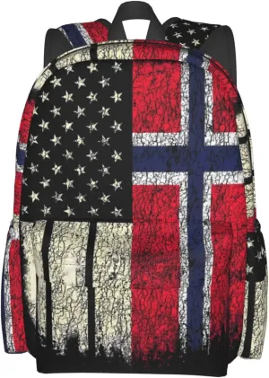 Vintage Norwegian American Flag Casual Backpack Large Capacity Travel Backpacks Laptop Daypack Commuter Rucksack Adjustable Strap Sports Bags for Hiking Biking