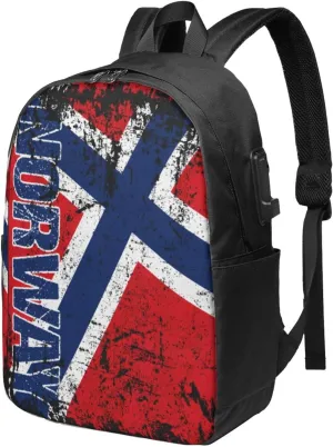 Vintage Norwegian Norway Flag Laptop Backpacks Travel Backpack Casual Business Daypack Sport Rucksack Computer Bag Fits up to 17 Inch Notebook with USB Port