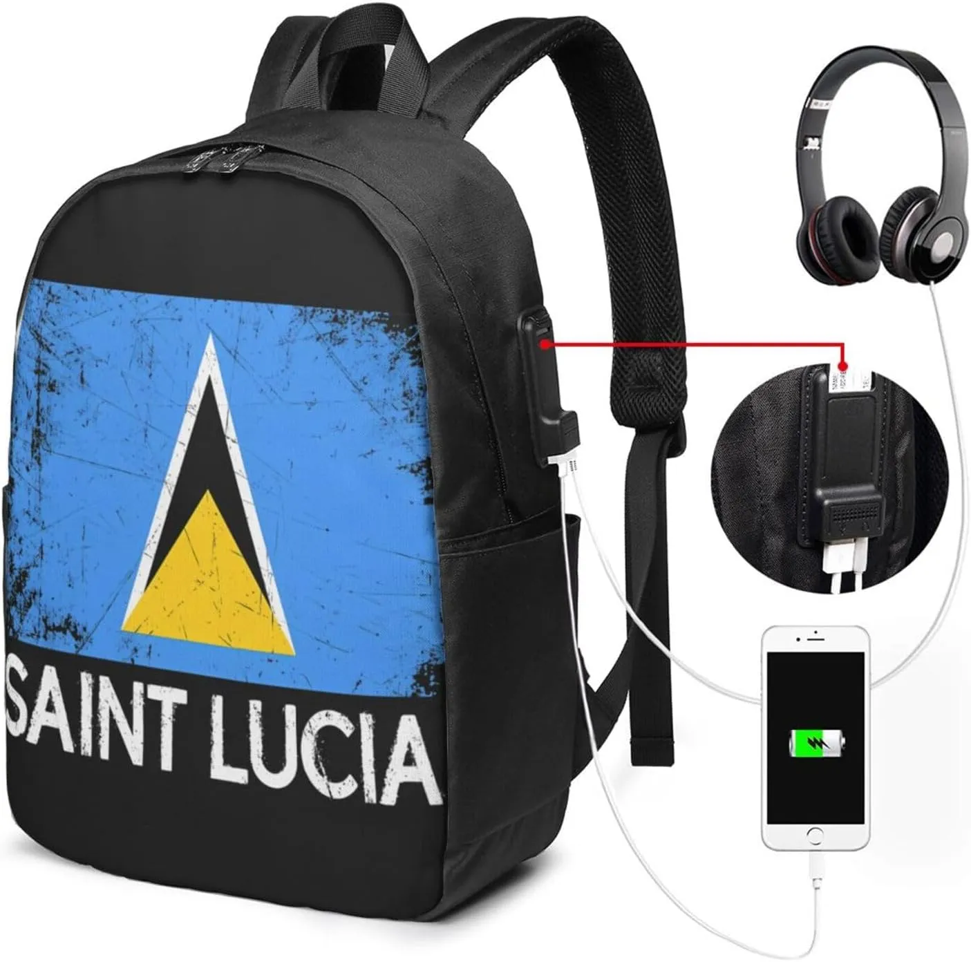 Vintage Saint Lucian Lucia Flag Laptop Backpacks Travel Backpack Casual Business Daypack Sport Rucksack Computer Bag Fits up to 17 Inch Notebook with USB Port
