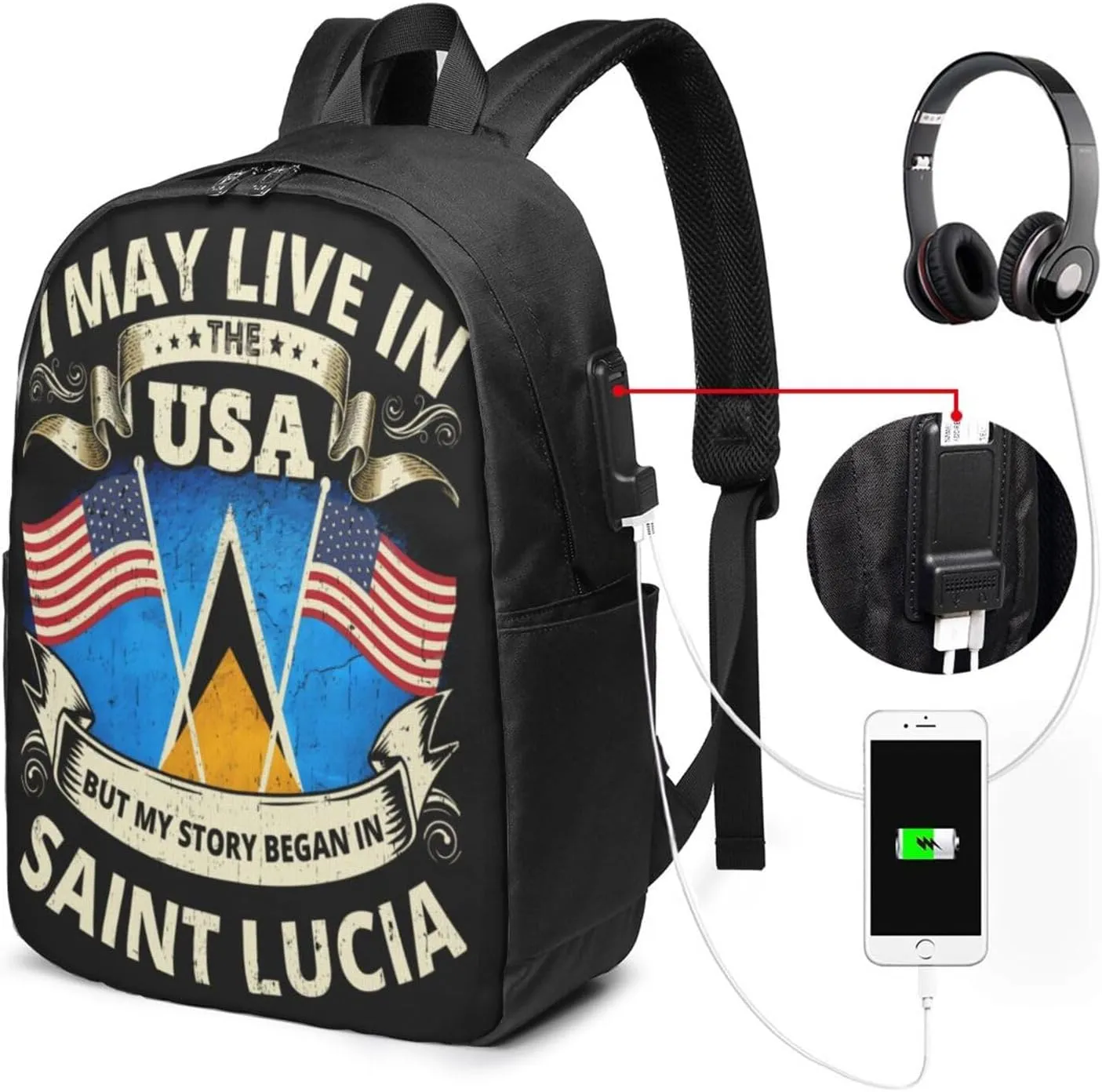 Vintage Saint Lucian Lucia Flags Laptop Backpacks Travel Backpack Casual Business Daypack Sport Rucksack Computer Bag Fits up to 17 Inch Notebook with USB Port