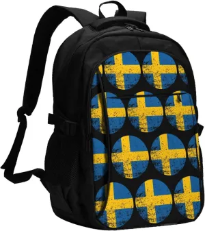 Vintage Swedish Sweden Flag Business Laptop Backpack Travel Backpacks Outdoor Rucksack Large Bag Daypack with USB Charging Port Multi-Pocket for Hiking Camping
