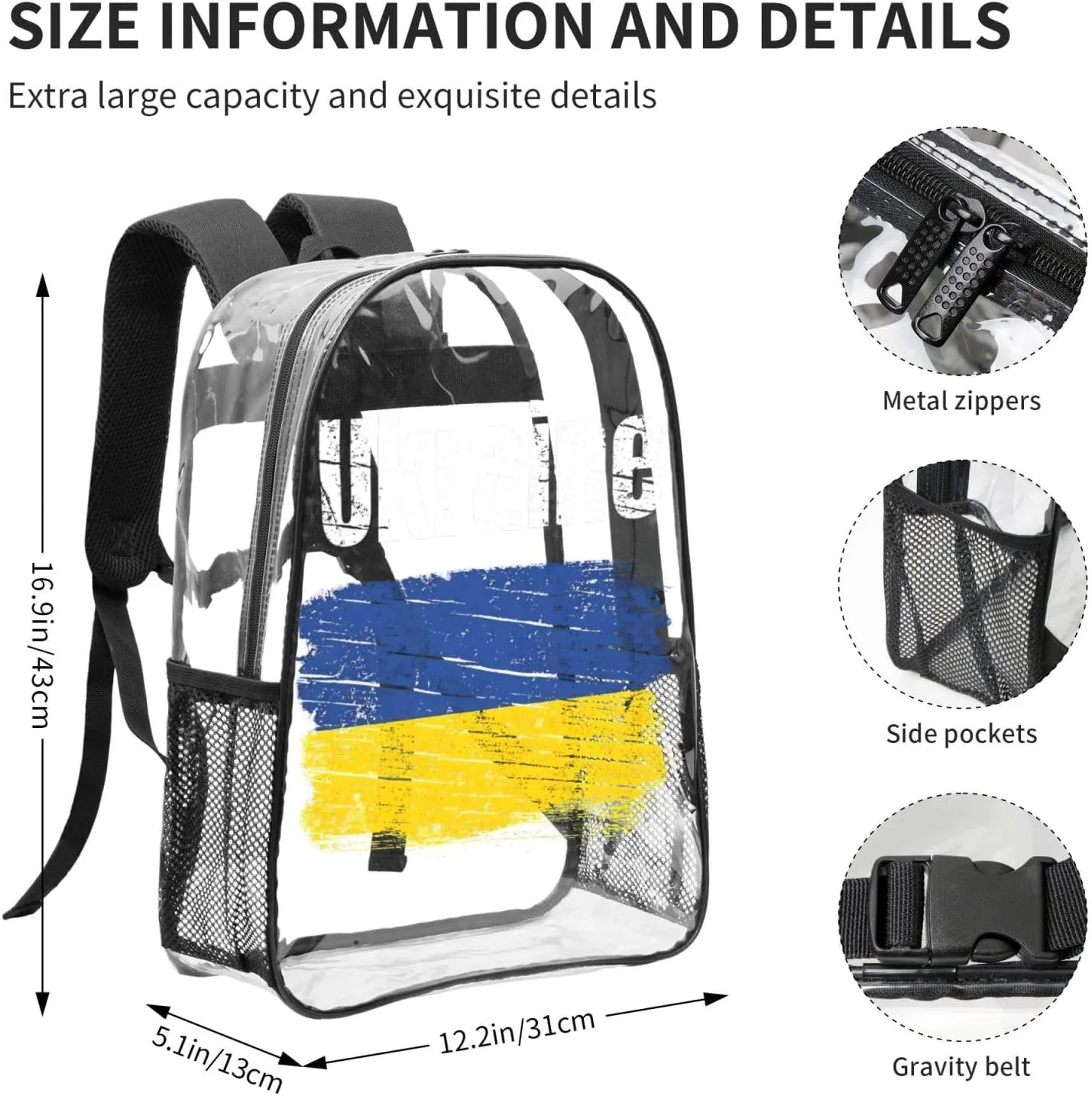 Vintage Ukraine Ukrainian Flag 16 Inch Clear PVC Backpacks Transparent Backpack Multipurpose Double Shoulder Bag for Men Women Gifts