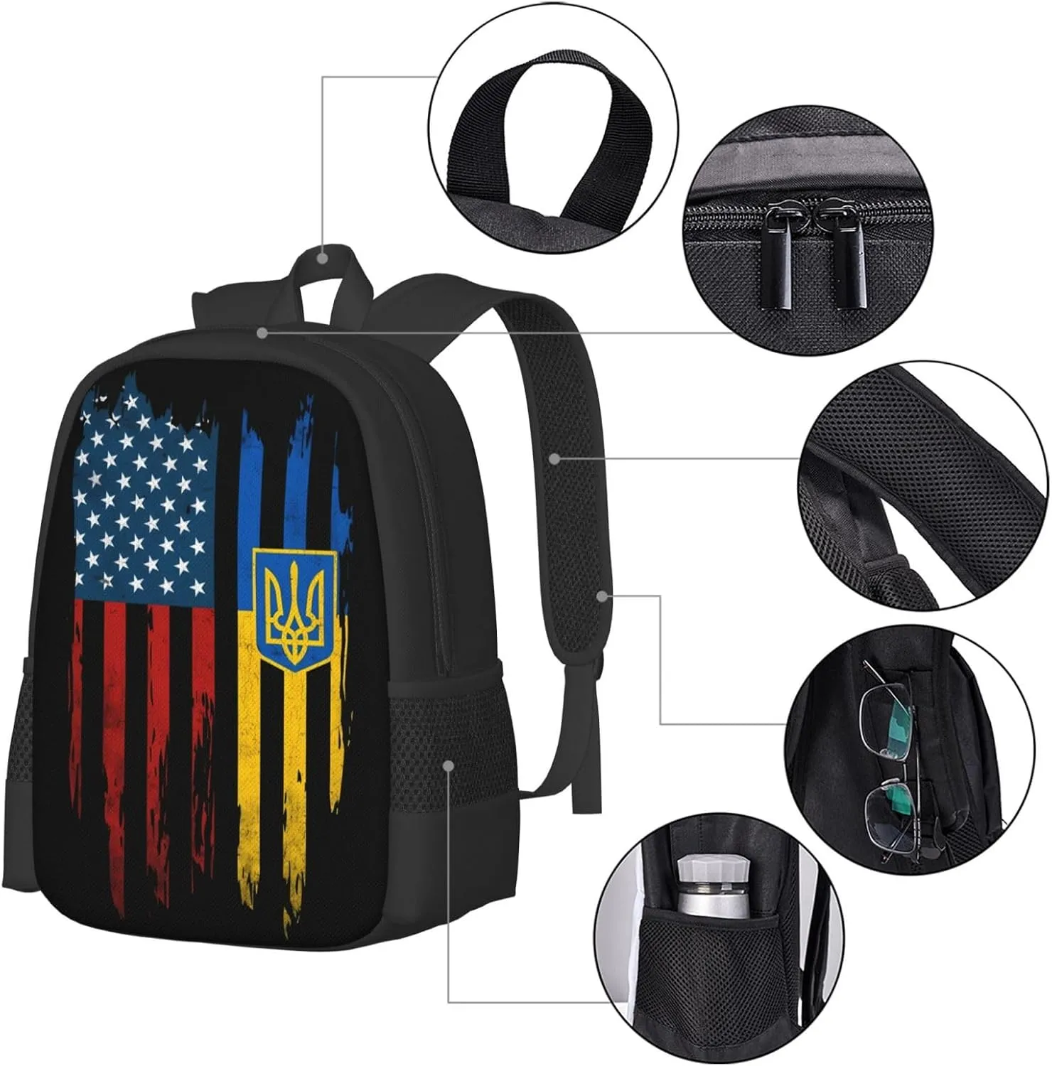 Vintage Ukrainian Ukraine American Flag Casual Backpacks Large Capacity Backpack Laptop Rucksack Sport Daypack Commuter Bags with Adjustable Strap for Traveling Camping