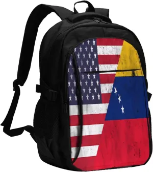 Vintage Venezuelan Venezuela American Flag Business Laptop Backpack Travel Backpacks Outdoor Rucksack Large Bag Daypack with USB Charging Port Multi-Pocket for Hiking Camping