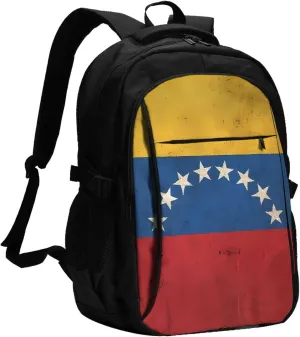 Vintage Venezuelan Venezuela Flag Business Laptop Backpack Travel Backpacks Outdoor Rucksack Large Bag Daypack with USB Charging Port Multi-Pocket for Hiking Camping